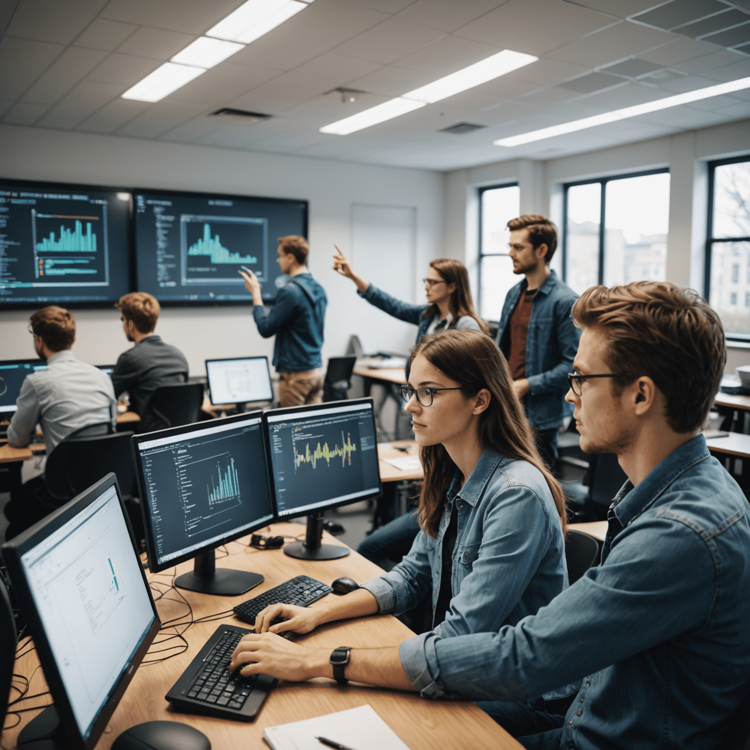 Grupo de estudiantes programando en computadoras en un aula moderna, con un instructor señalando algo en una pantalla grande