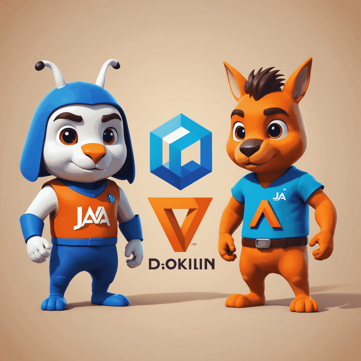 Imagen comparativa de los logos de Java y Kotlin, mostrando sus mascotas oficiales (el duque de Java y el personaje de Kotlin) enfrentados en un diseño moderno y colorido