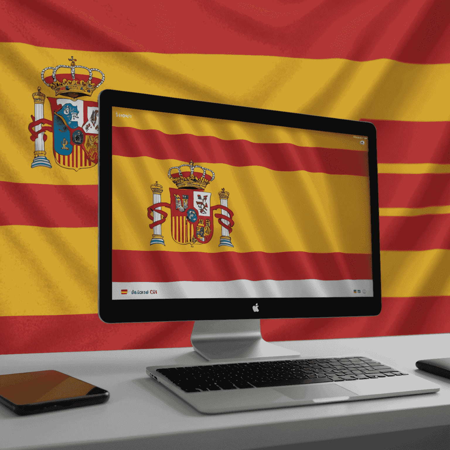 Imagen que muestra una pantalla de código JavaScript complejo con la bandera española de fondo, simbolizando la experiencia de los expertos españoles