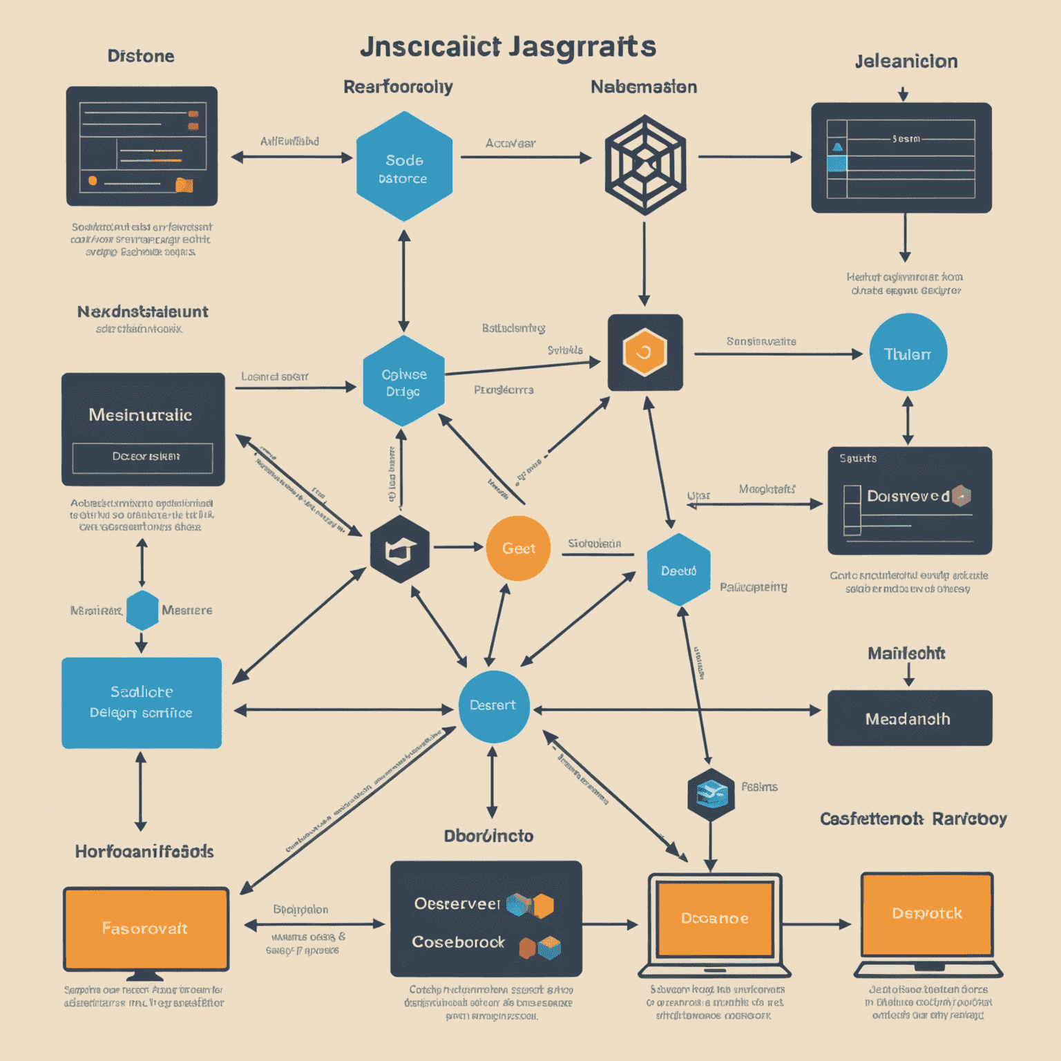 Diagrama ilustrando patrones de diseño de JavaScript como Module, Observer y Factory