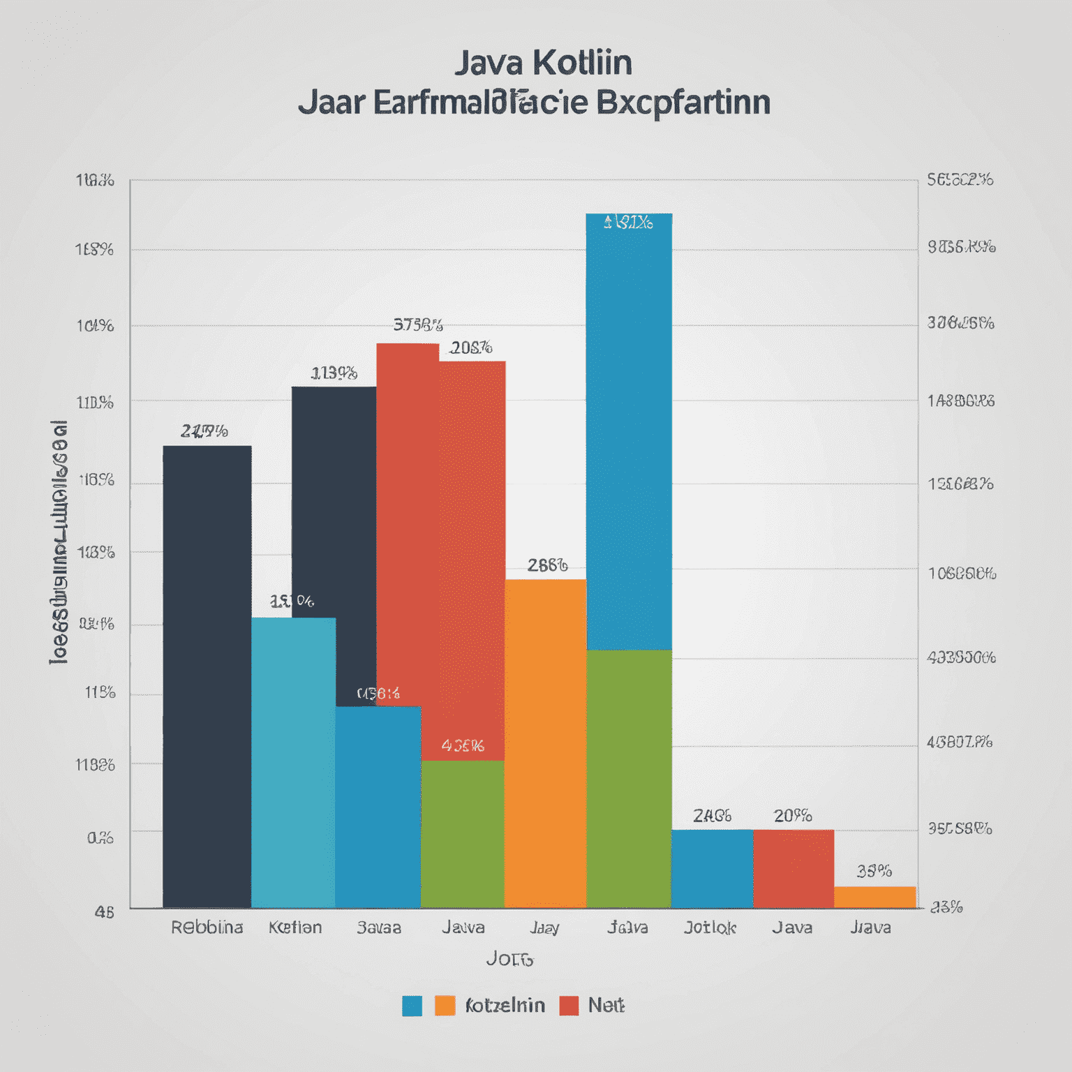 Gráfico de barras comparando el rendimiento de Java y Kotlin en diferentes aspectos como velocidad de compilación, tamaño del archivo APK y consumo de memoria